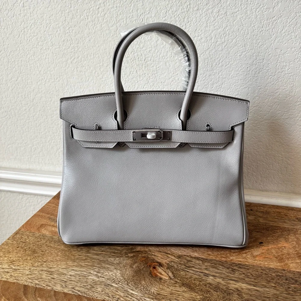 *READ LEATHER INSIDE & OUT Gray Pebble 30 BK Satchel Belted Top Handle Silver